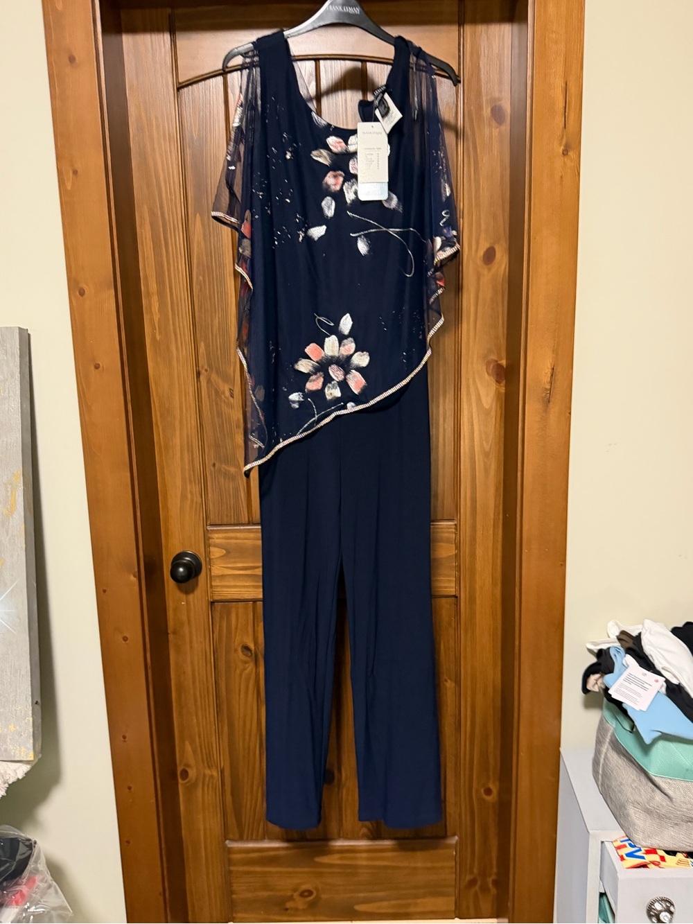 Frank Lyman Design Navy Jumpsuit with Floral Sheer Cape